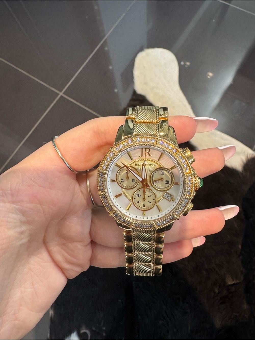 New Judith Ripka Gold Tone Chronograph Watch Textured Link Bracelet